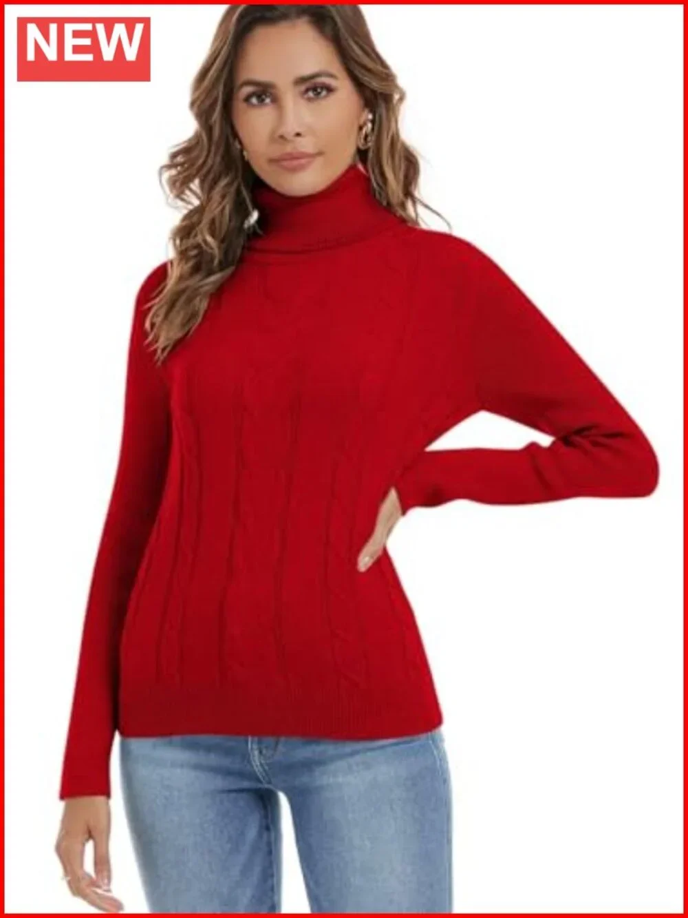 Turtleneck Cable Knit Sweater Long Sleeve Ribbed Slim Fit Pullover